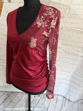 Burgundy Mixed Media Wrap Top | Floral Mesh Sleeve & Panel |